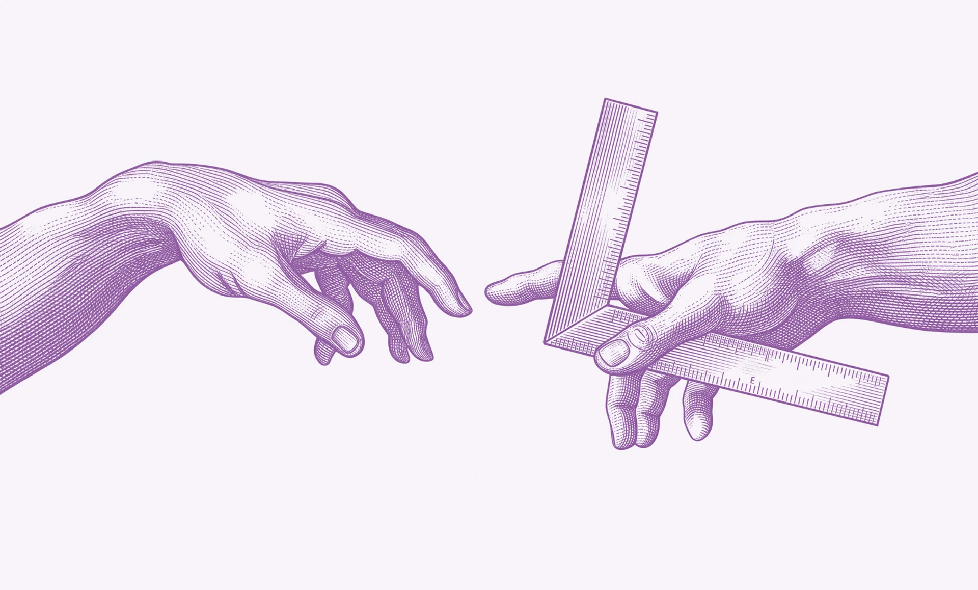 Ilustracija dviju ruku koje se pružaju jedna prema drugoj, u stilu Michelangelovog Stvaranja Adama; desna drži ravnalo i kutnik s pravim kutom
